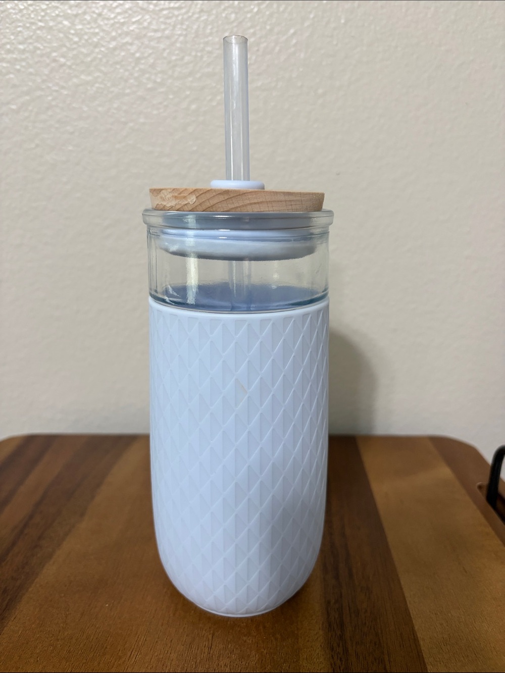ello Textured Glass Tumbler Blue with Wood Accent Lid and Straw